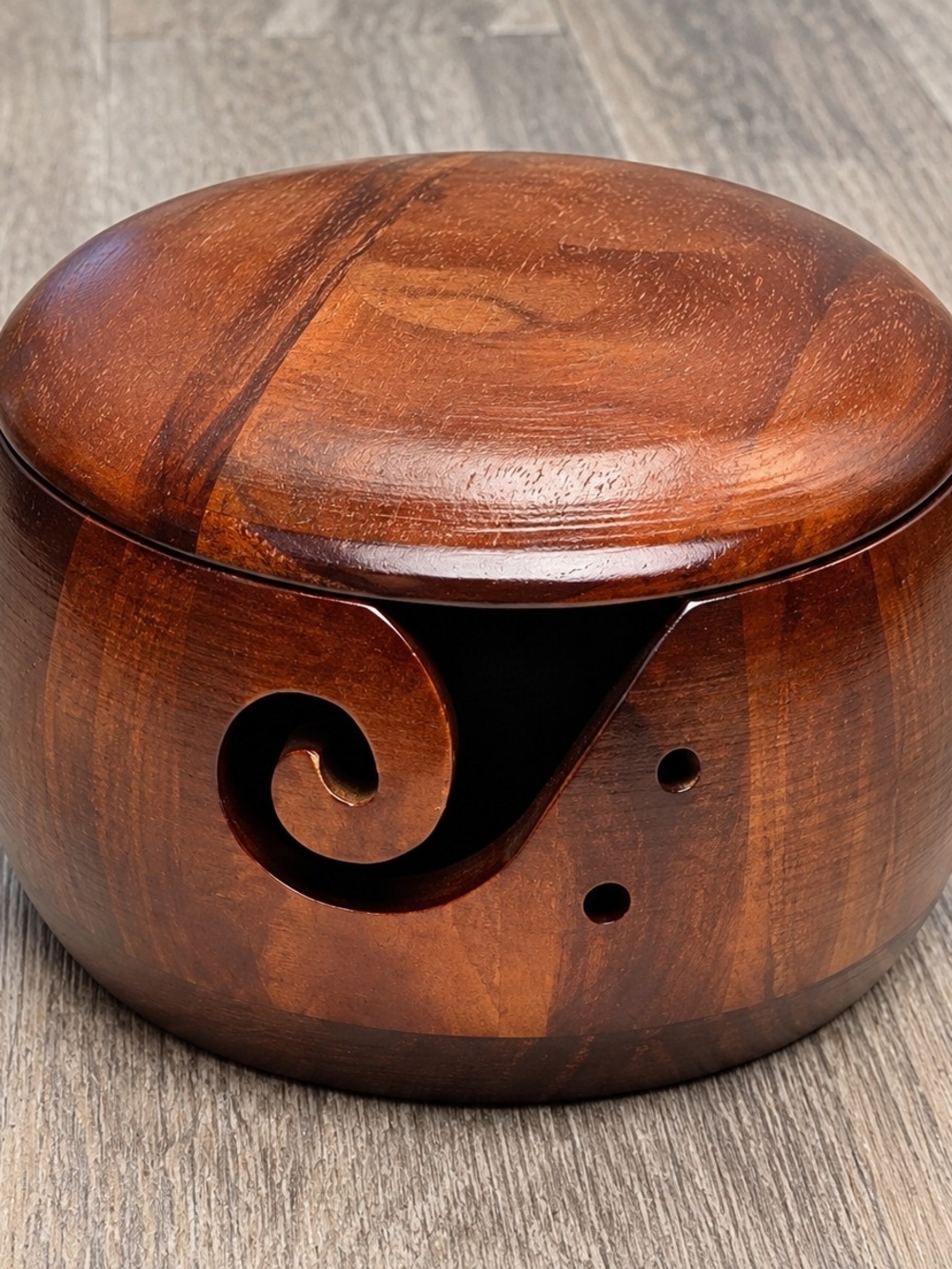 Wooden Yarn Bowl with Lid - Brown